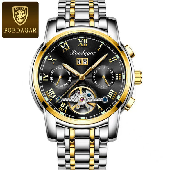 Men's Mechanical Alloy And Stainless Steel Waterproof Luminous Multifunction Leisure Watch With Through Bottom And Spiral Crown