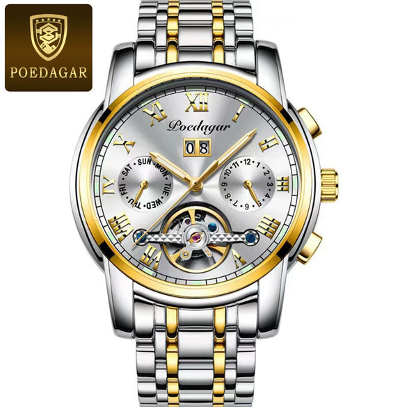 Men's Mechanical Alloy And Stainless Steel Waterproof Luminous Multifunction Leisure Watch With Through Bottom And Spiral Crown