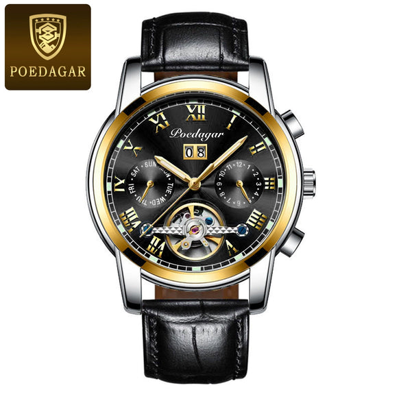 Men's Mechanical Alloy And Stainless Steel Waterproof Luminous Multifunction Leisure Watch With Through Bottom And Spiral Crown