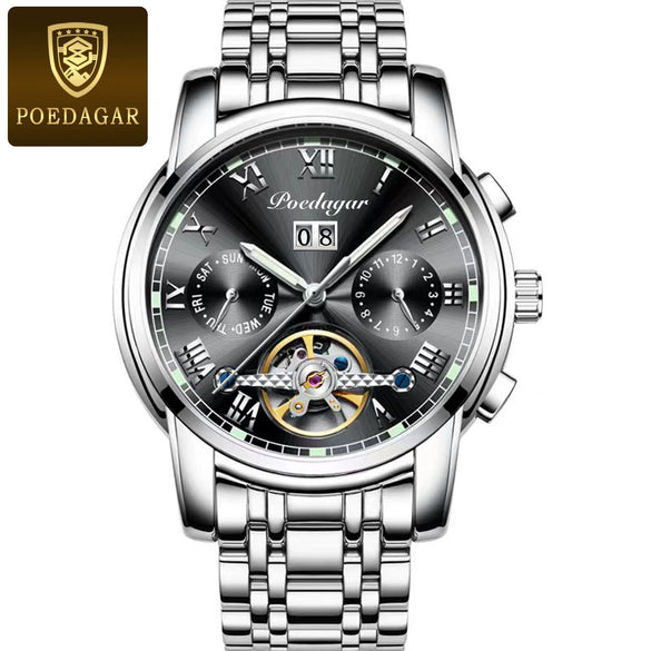 Men's Mechanical Alloy And Stainless Steel Waterproof Luminous Multifunction Leisure Watch With Through Bottom And Spiral Crown