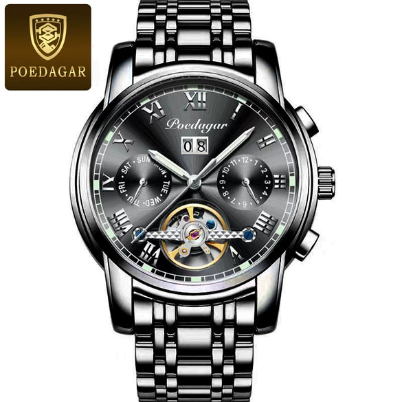 Men's Mechanical Alloy And Stainless Steel Waterproof Luminous Multifunction Leisure Watch With Through Bottom And Spiral Crown