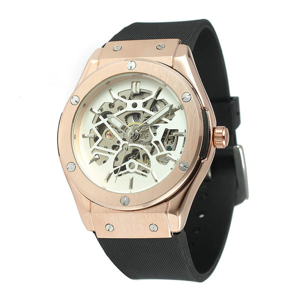 Men's Mechanical Watch Alloy Case Rubber Strap Stainless Steel Pin Buckle Round Dial Transparent Bottom Fashionable Casual