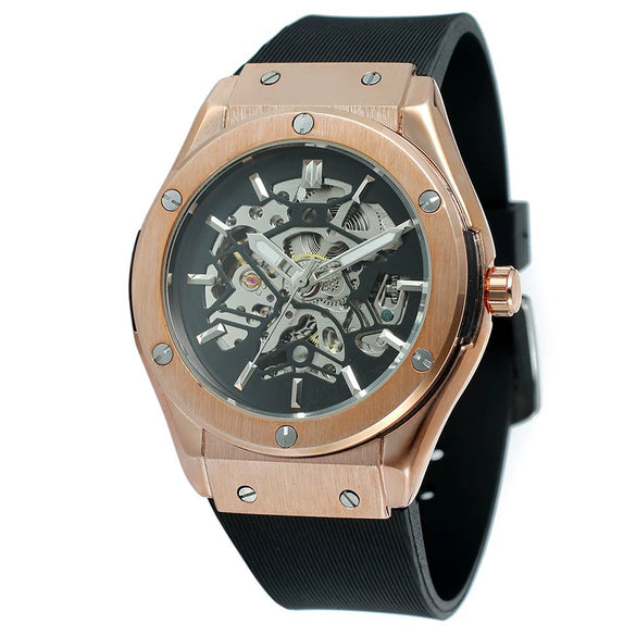 Men's Mechanical Watch Alloy Case Rubber Strap Stainless Steel Pin Buckle Round Dial Transparent Bottom Fashionable Casual