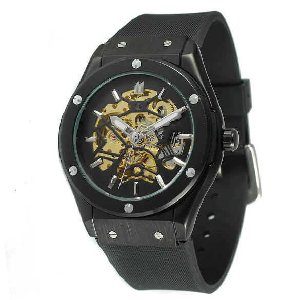 Men's Mechanical Watch Alloy Case Rubber Strap Stainless Steel Pin Buckle Round Dial Transparent Bottom Fashionable Casual