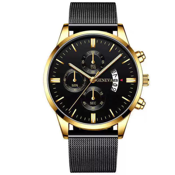 Men's Mesh Strap Quartz Calendar Watch Alloy Case Rose Gold Buckle Round Dial Leisure Style
