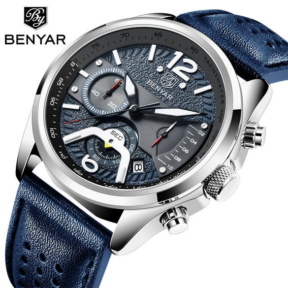 Men's Metal And Genuine Leather Fashion Sports Multifunction Chronograph Calendar Quartz Watch With Round Dial