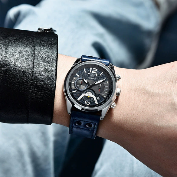Men's Metal And Genuine Leather Fashion Sports Multifunction Chronograph Calendar Quartz Watch With Round Dial