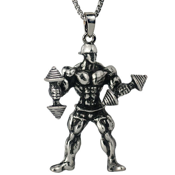 Men's Metal Jewelry Fitness Pendant With Cartoon Characters And Electroplating Treatment On Pearl Chain