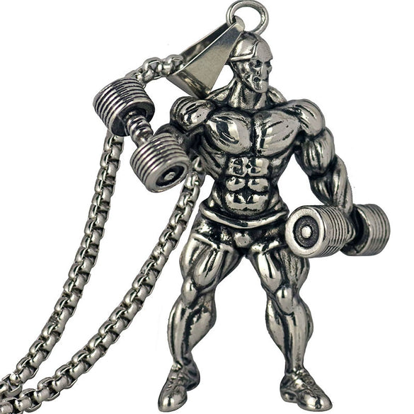 Men's Metal Jewelry Fitness Pendant With Cartoon Characters And Electroplating Treatment On Pearl Chain