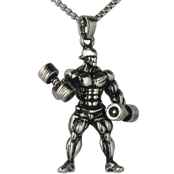 Men's Metal Jewelry Fitness Pendant With Cartoon Characters And Electroplating Treatment On Pearl Chain
