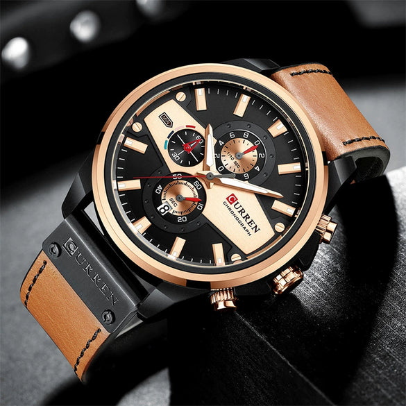 Men's Metal Waterproof Leisure Watch With Round Dial And Imitation Leather Strap