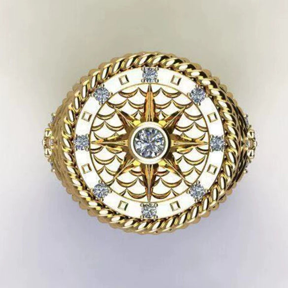 Men's Minimalist Zinc Alloy Ring With Gold Tone Wheel Shape And Inlaid Rhinestone Constellation Pattern