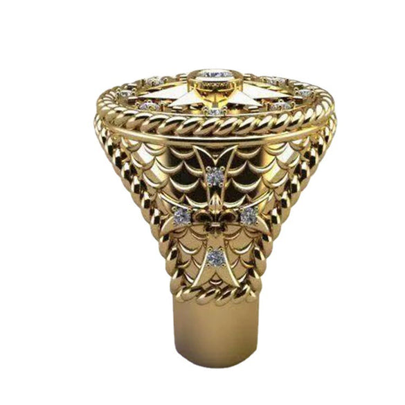 Men's Minimalist Zinc Alloy Ring With Gold Tone Wheel Shape And Inlaid Rhinestone Constellation Pattern