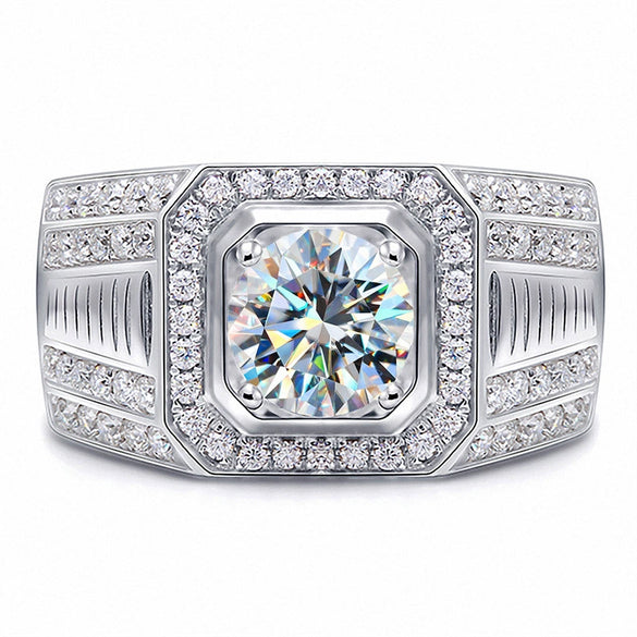 Men's Moissanite And Diamond Four Claw Ring 925 Silver Geometric Style Electroplated
