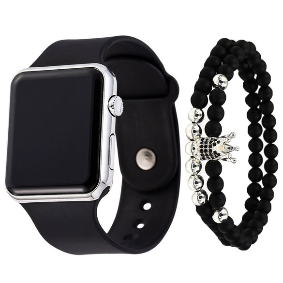 Men's Movement Style Silicone And Stainless Steel Square Electronic Watch Bracelet Suit