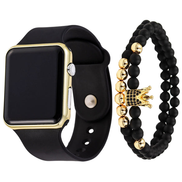 Men's Movement Style Silicone And Stainless Steel Square Electronic Watch Bracelet Suit