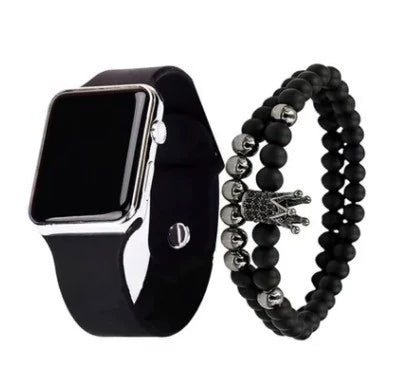 Men's Movement Style Silicone And Stainless Steel Square Electronic Watch Bracelet Suit