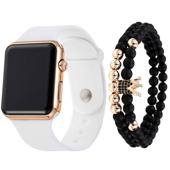 Men's Movement Style Silicone And Stainless Steel Square Electronic Watch Bracelet Suit
