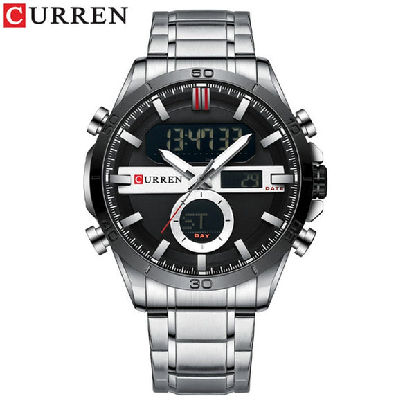 Men's Multifunction Dualdisplay Luminous Calendar Week Watch Metal Case Stainless Steel Band Round Dial Business Style
