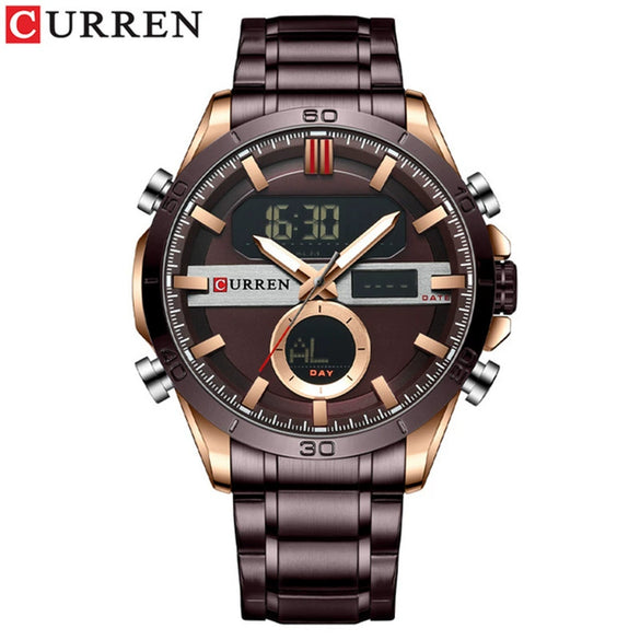 Men's Multifunction Dualdisplay Luminous Calendar Week Watch Metal Case Stainless Steel Band Round Dial Business Style