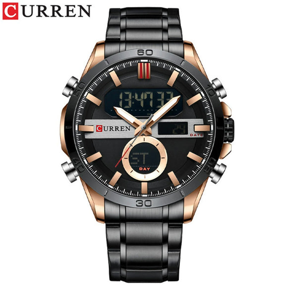 Men's Multifunction Dualdisplay Luminous Calendar Week Watch Metal Case Stainless Steel Band Round Dial Business Style