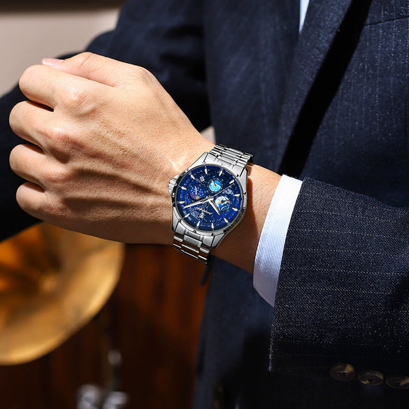 Men's Multifunction Quartz Watch Stainless Steel Strap Alloy Case Round Dial Leisure Style