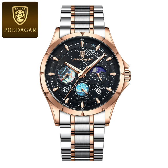 Men's Multifunction Quartz Watch Stainless Steel Strap Alloy Case Round Dial Leisure Style