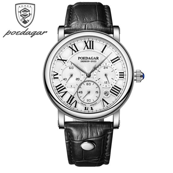 Men's Multifunctional Belt Quartz Watch Genuine Leather Alloy Case Sapphire Crystal Glass Mirror Round Dial Leisure Style