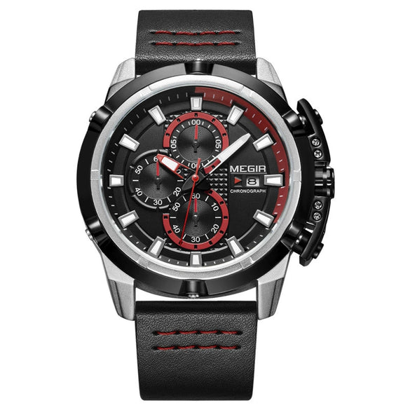 Men's Multifunctional Chronograph Calendar Quartz Watch Alloy Case Genuine Leather Strap Round Dial