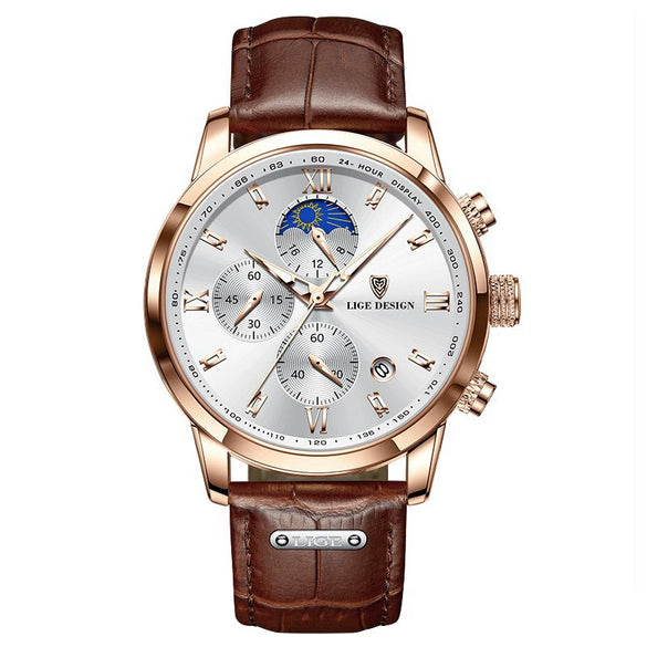 Men's Multifunctional Chronograph Quartz Watch Alloy Case Genuine Leather Strap Round Dial Leisure Style