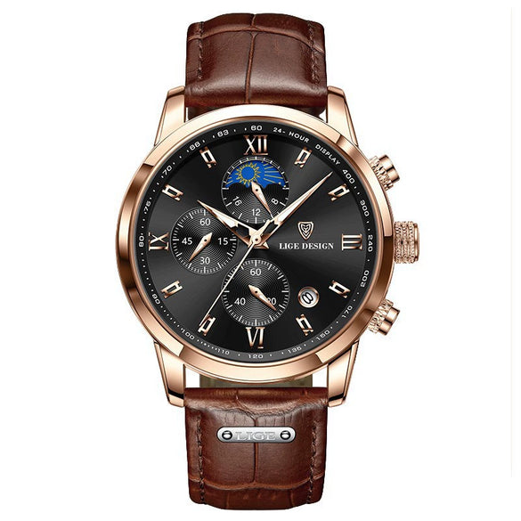 Men's Multifunctional Chronograph Quartz Watch Alloy Case Genuine Leather Strap Round Dial Leisure Style