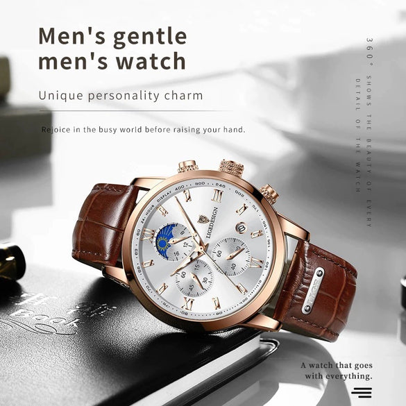 Men's Multifunctional Chronograph Quartz Watch Alloy Case Genuine Leather Strap Round Dial Leisure Style
