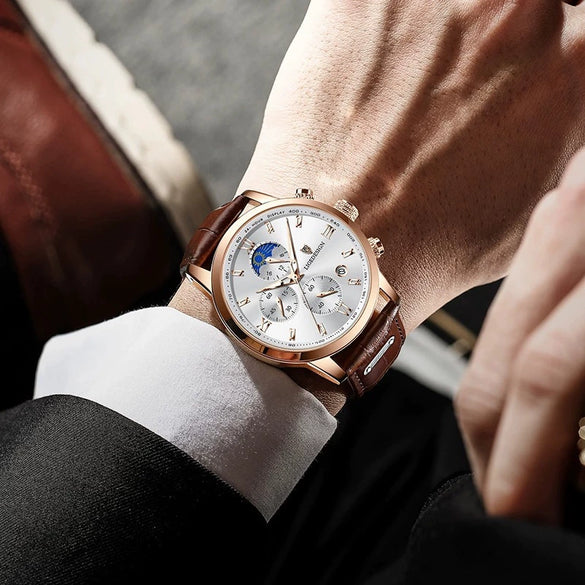 Men's Multifunctional Chronograph Quartz Watch Alloy Case Genuine Leather Strap Round Dial Leisure Style