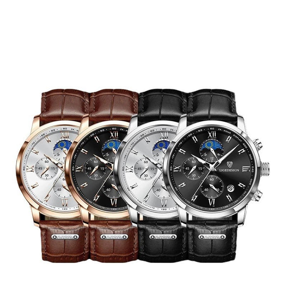 Men's Multifunctional Chronograph Quartz Watch Alloy Case Genuine Leather Strap Round Dial Leisure Style