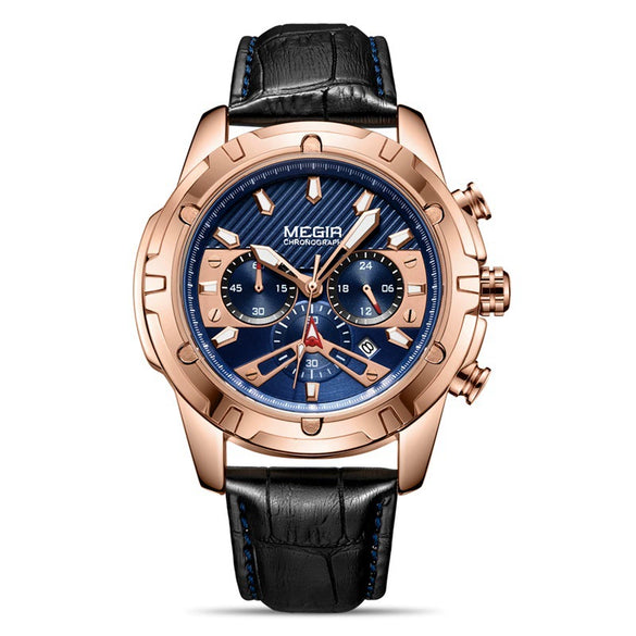 Men's Multifunctional Chronograph Waterproof Luminous Leather Sport Quartz Watch Alloy Case Stainless Steel Clasp Genuine Leather Strap Round Dial