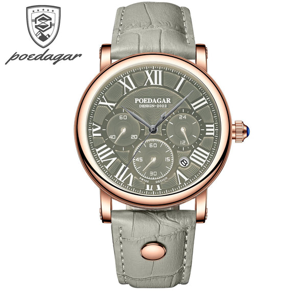 Men's Multifunctional Quartz Watch Alloy Case Sapphire Crystal Glass Mirror Genuine Leather Strap Round Dial Leisure Style