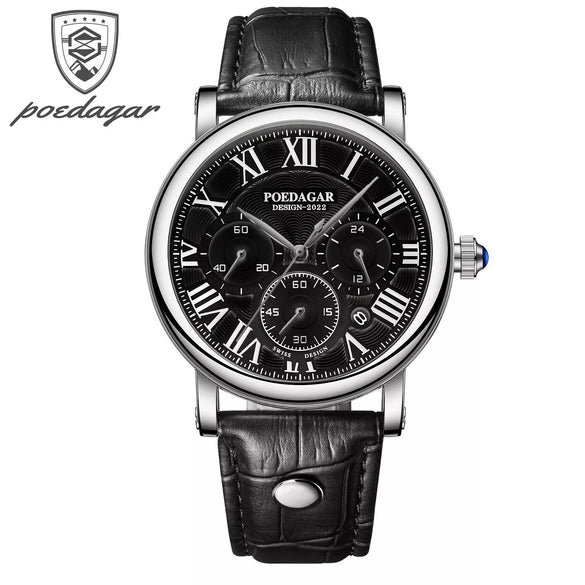 Men's Multifunctional Quartz Watch Alloy Case Sapphire Crystal Glass Mirror Genuine Leather Strap Round Dial Leisure Style