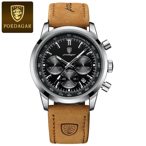 Men's Multifunctional Quartz Watch Belt With Alloy Case Genuine Leather Strap Stainless Steel Buckle And Round Dial