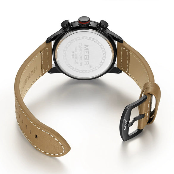 Men's Multifunctional Sports Waterproof Quartz Watch Alloy Case Genuine Leather Strap Round Dial