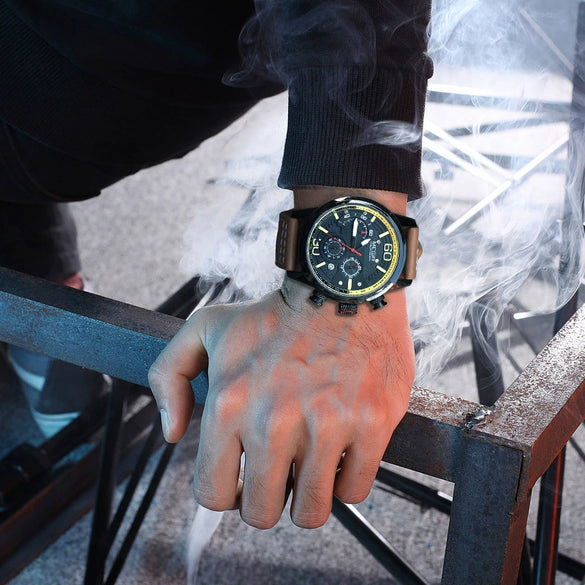 Men's Multifunctional Sports Waterproof Quartz Watch Alloy Case Genuine Leather Strap Round Dial