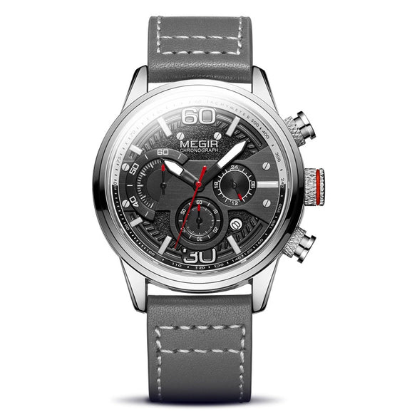 Men's Multifunctional Sports Waterproof Quartz Watch Alloy Case Genuine Leather Strap Round Dial
