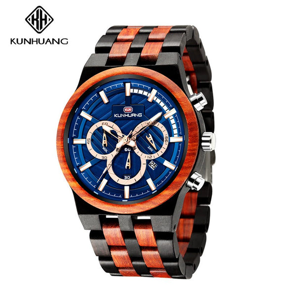 Men's Multifunctional Sports Wooden Watch Round Dial Leisure Style Plexiglass Mirror Stainless Steel Clasp Wood Strap
