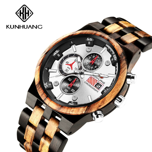Men's Multifunctional Sports Wooden Watch Round Dial Leisure Style Plexiglass Mirror Stainless Steel Clasp Wood Strap
