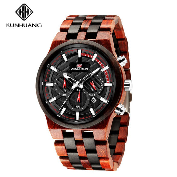 Men's Multifunctional Sports Wooden Watch Round Dial Leisure Style Plexiglass Mirror Stainless Steel Clasp Wood Strap