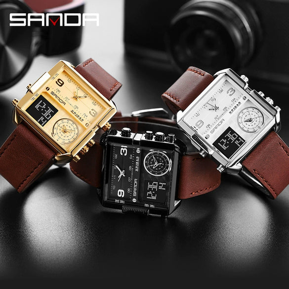 Men's Multifunctional Waterproof Electronic Watch With Zinc Alloy Case Genuine Leather Strap Square Dial And High Hardness Mineral Tempered Mirror