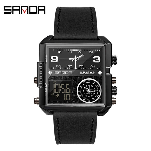 Men's Multifunctional Waterproof Electronic Watch With Zinc Alloy Case Genuine Leather Strap Square Dial And High Hardness Mineral Tempered Mirror