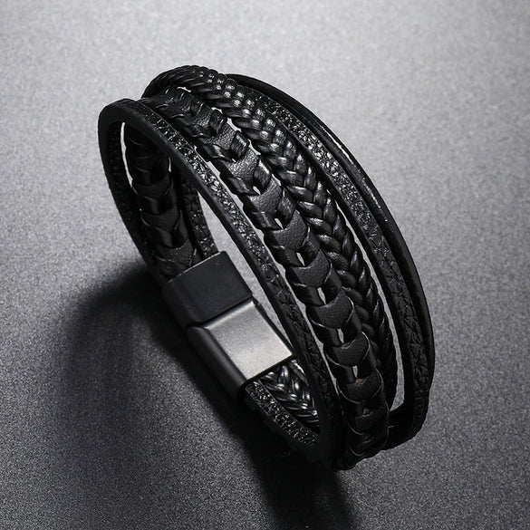 Men's Multilayer Leather Rope Braided Geometric Style Hand Knitted Alloy Magnetic Buckle Bracelet