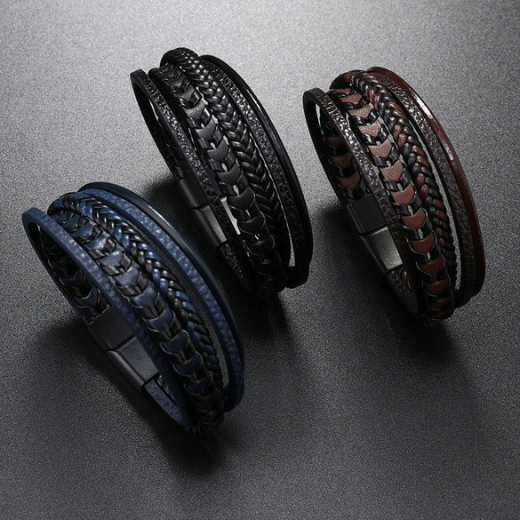 Men's Multilayer Leather Rope Braided Geometric Style Hand Knitted Alloy Magnetic Buckle Bracelet