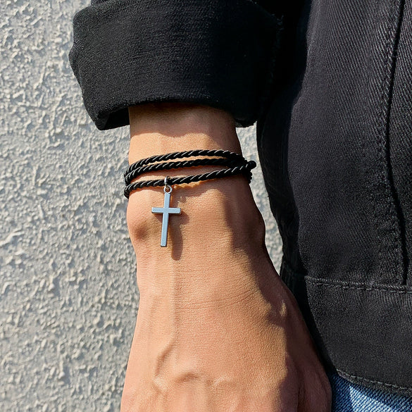 Men's Multilayer Woven Cord Cross Geometric Bracelet Jewelry