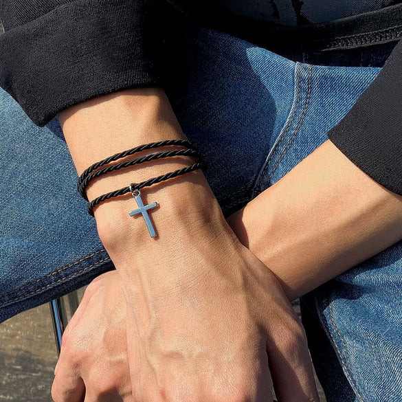 Men's Multilayer Woven Cord Cross Geometric Bracelet Jewelry